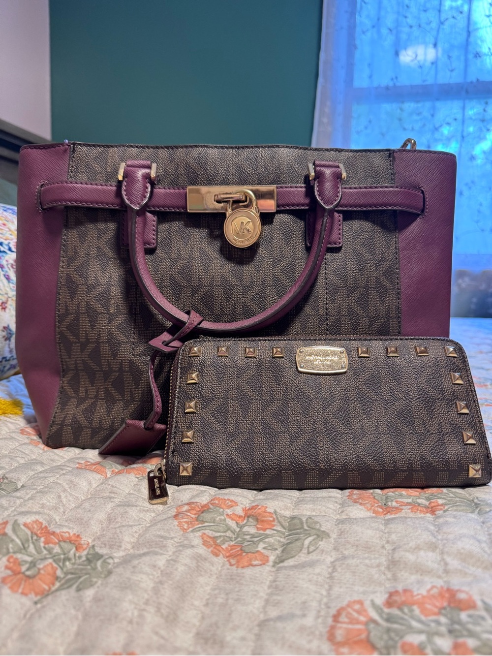 Michael Kors Plum and Brown Signature Tote with Matching Wallet